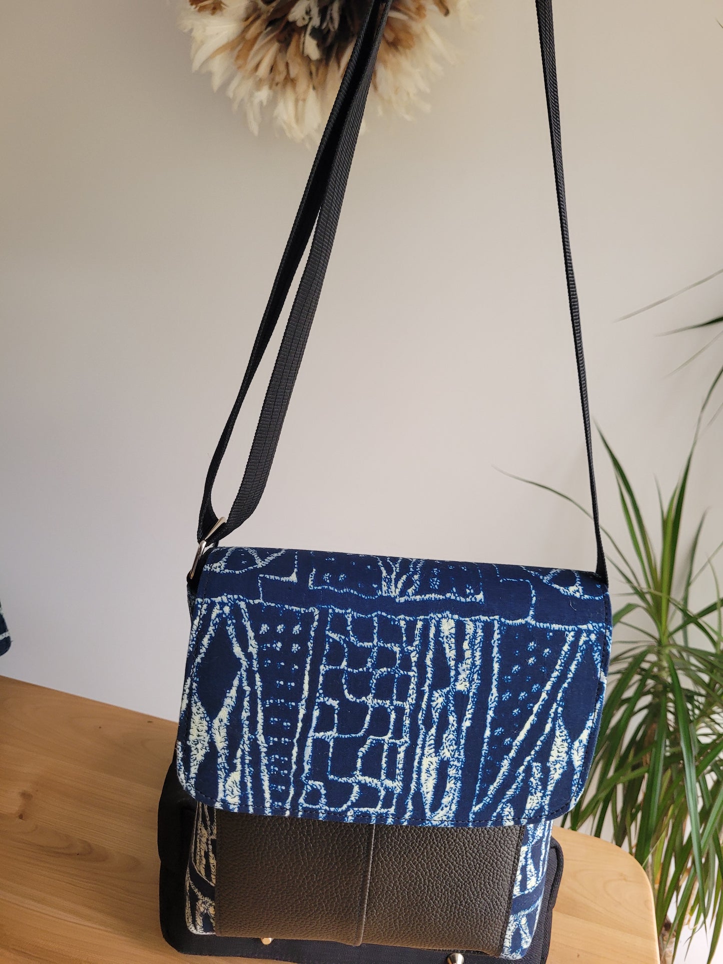 Sac bandoulière rectangulaire bimatière tissu africain