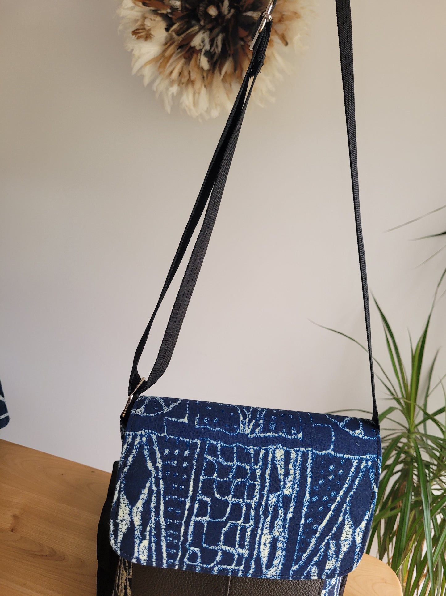 Sac bandoulière rectangulaire bimatière tissu africain